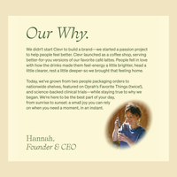 A beige document-style page with the heading 'Our Why.' and several paragraphs of text, plus a small photo of a smiling woman holding a phone in the lower right.
