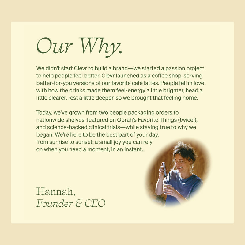 A beige document-style page with the heading 'Our Why.' and several paragraphs of text, plus a small photo of a smiling woman holding a phone in the lower right.