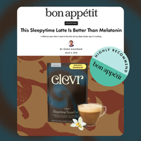 Clevr Sleeptime SuperLatte bagwith Bon Appetit article shown featuring the product."This Sleepytime Latte Is Better Than Melatonin. I rolled my eyes when it came in the mail, but my sleep tracker says it's working." - By Noah Kaufman. March 4, 2026. Highly Recommend stamp from Bon Appetit.