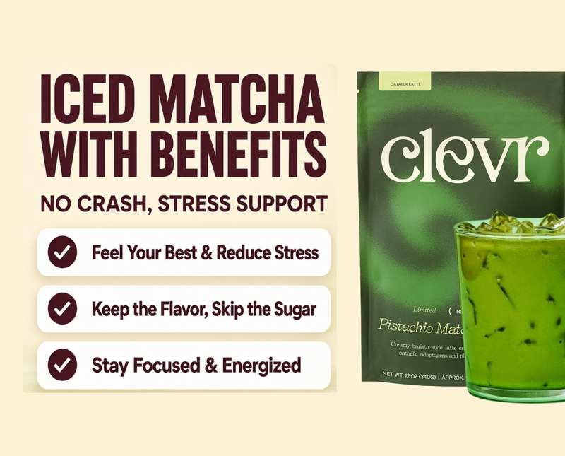 Promotional graphic for Clevr Iced Matcha with Benefits, showing a green stand-up pouch of Pistachio Matcha alongside a glass of iced matcha tea on a warm beige background with text highlighting stress support and focus benefits.