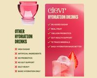 Clevr hydration drinks have 0g added sugar, real fruit, 1 billion probiotics, gut health support, 72 trace minerals, & daily hydration made better versus other hydration drinks which have high sugar, artificial ingredients, no probiotics, no gut support, salt-heavy, & basic hydration only