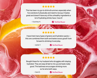 Three white review cards with star ratings and verified buyer badges overlaid on a pink and orange marbled background.