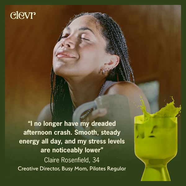 A promotional graphic with a woman smiling while holding a mug, overlaid with a quote about stress and energy, plus a bright green coffee cup illustration. The brand name elevr appears in the top left.