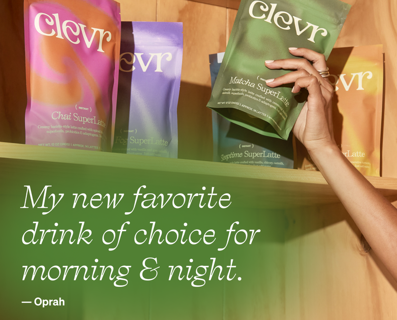 Hand picking a 'clevr' package from a shelf with other packages and Oprah's quote, "My new favortie choice for morning and night."