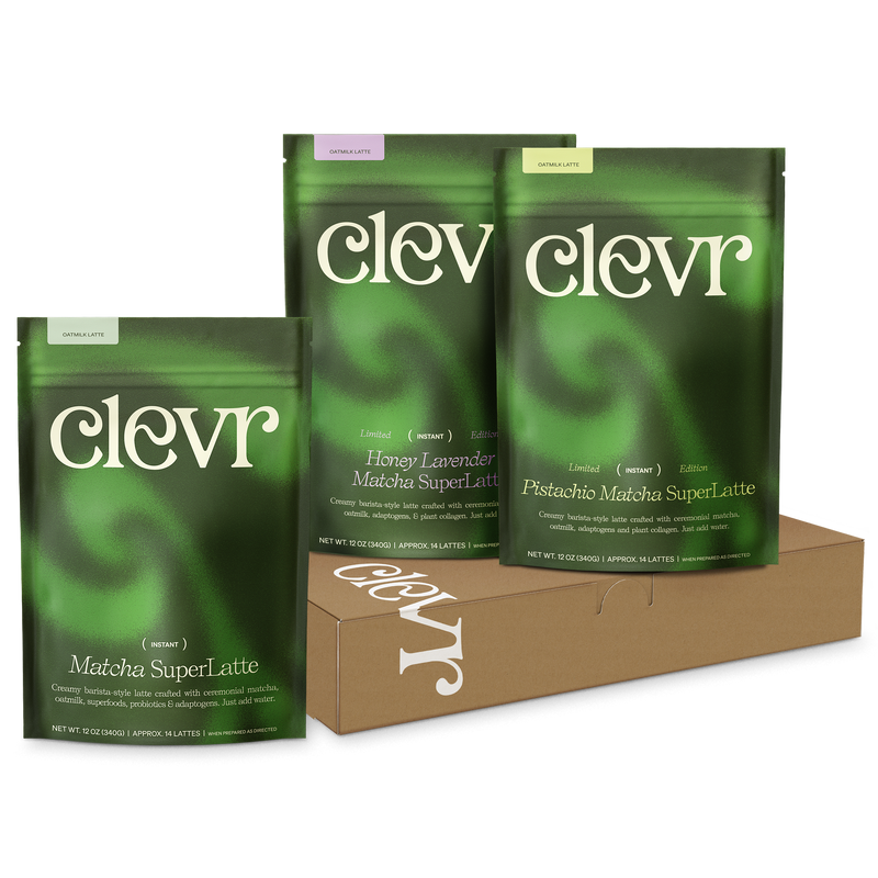 Assortment of Clevr Matcha SuperLatte bags