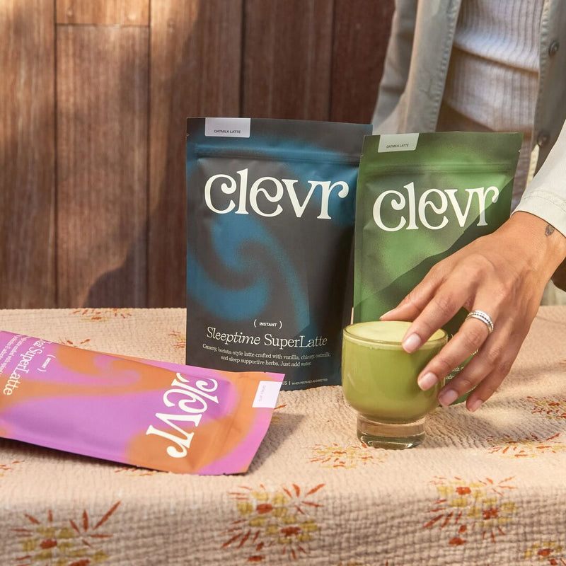 Clever SuperLatte bags and Clevr Matcha in a glass