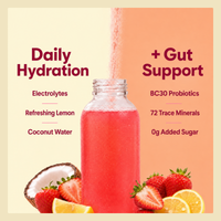 A promotional graphic for a pink probiotic drink in a clear bottle, with text reading 'Daily Hydration' and '+ Gut Support' on a split cream and peach background, plus strawberries, lemon, coconut, and a straw.