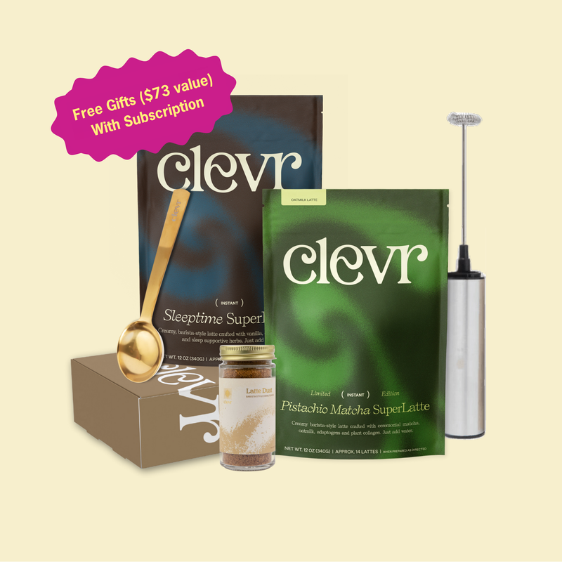 Clevr Superlattes with a golden scoop, latte dust, and frother. Free gifts $73 value with subscription.