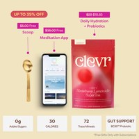 A promotional product graphic for Clevr Strawberry Lemonade Super Tea. The image shows a red stand-up pouch of tea, a smartphone displaying the Clevr app, a gold spoon, and text callouts for free scoop and meditation app subscription, plus nutritional claims at the bottom on a light beige background.