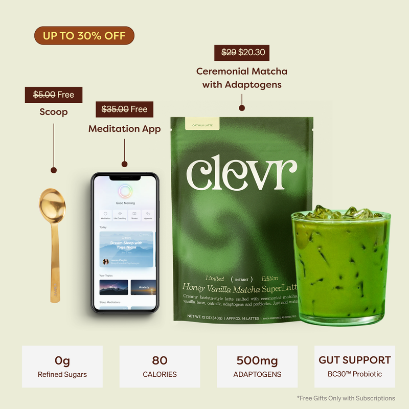 A promotional product graphic for clevr matcha. The image shows a green stand-up pouch labeled 'clevr' next to a smartphone displaying the meditation app, a gold spoon, and a green iced matcha drink.