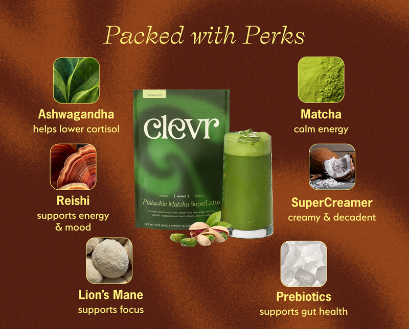 Clevr matcha product with ingredients and health benefits on a brown background