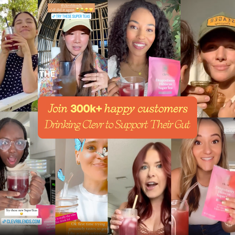 A collage of multiple women holding and drinking pink and red beverages, with several holding pink packets labeled Clever Blends. A large orange banner across the center reads, 'Join 300k+ happy customers Drinking Clever to Support Their Gut.