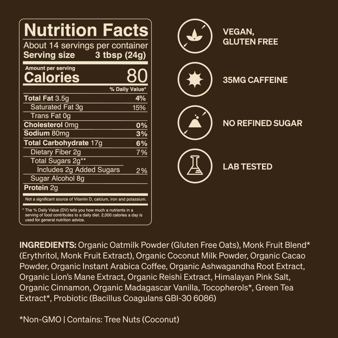 Vegan, Gluten Free. 35mg Caffeine. No Refined Sugar. Lab Tested. 