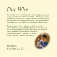 A beige document or poster page with the heading 'Our Why.' and several paragraphs of dark green text, plus a small circular photo of a smiling woman in a blue top on the lower right.