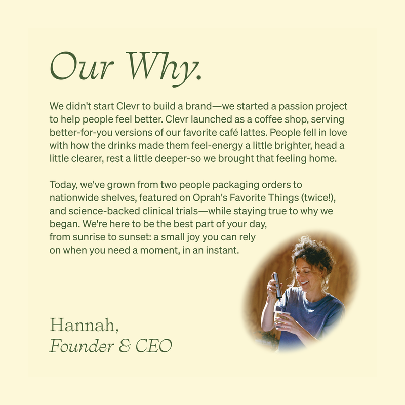 A beige document or poster page with the heading 'Our Why.' and several paragraphs of dark green text, plus a small circular photo of a smiling woman in a blue top on the lower right.