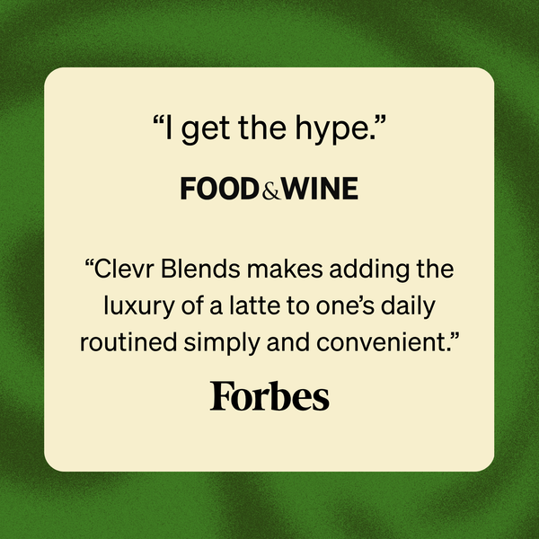 A cream-colored rounded square card with black text featuring a quote from Forbes about Clevr Blends, set against a textured dark green background.