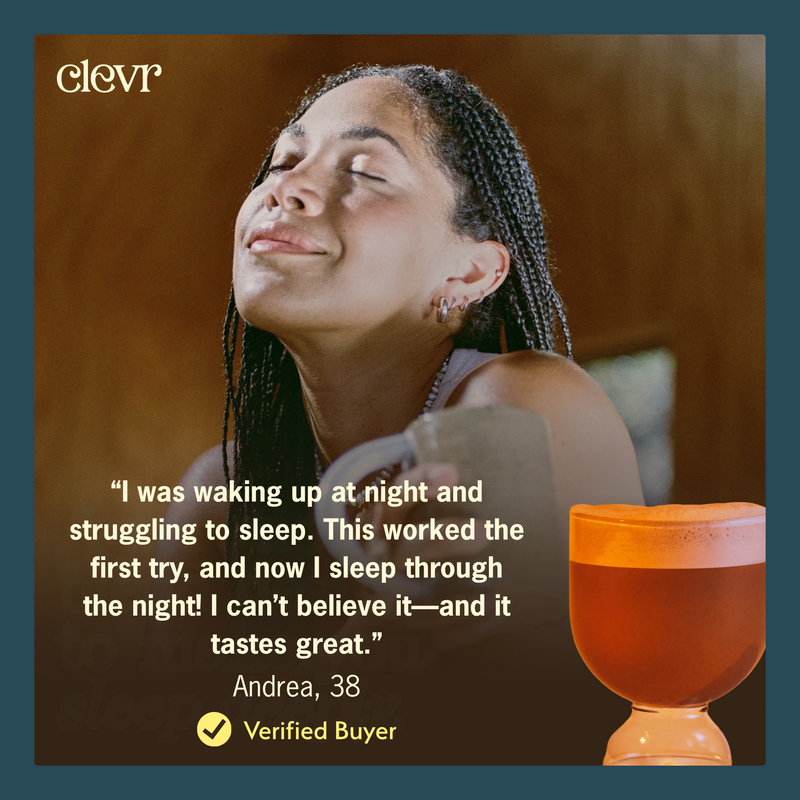 A promotional graphic for Clevr sleep aid featuring a smiling woman with closed eyes, a glass of amber liquid, and a customer testimonial quote from Andrea, 38, on a dark teal background.