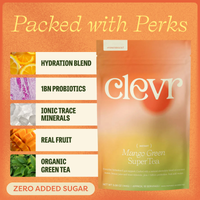 Clevr Mango Green Super Tea pouch shown on a peach-orange promotional graphic with text callouts for hydration blend, 10Bn probiotics, ionic trace minerals, real fruit, and organic green tea.