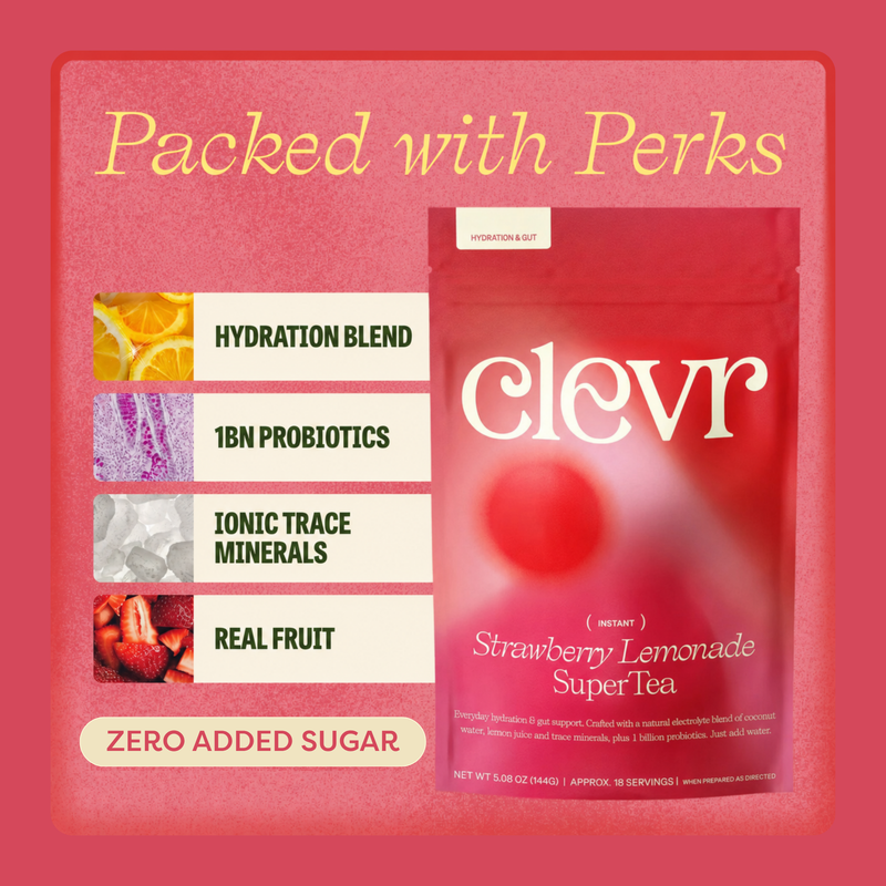 A promotional product graphic for Clevr Strawberry Lemonade Super Tea. The image shows a red stand-up pouch of the tea on the right, with marketing text and feature callouts on the left including 'Hydration Blend,' '1Bn Probiotics,' 'Ionic Trace Minerals,' 'Real Fruit,' and 'Zero Added Sugar.