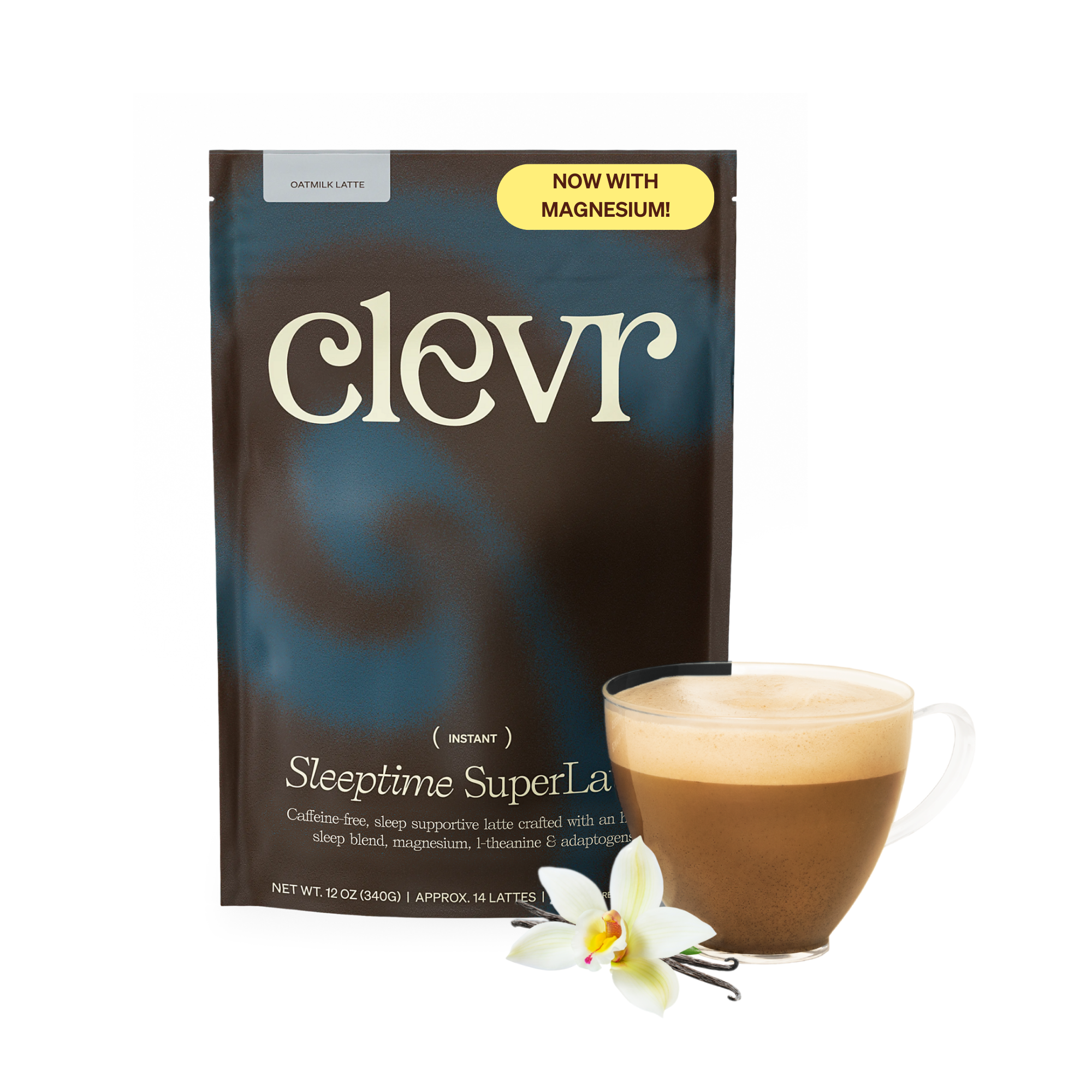 Clevr Sleeptime SuperLatte bag with a cup the drink and vanilla flower on a white background