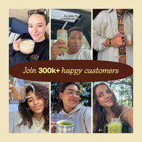 A promotional collage of seven lifestyle photos showing people holding and drinking beverages, with a large central brown banner reading 'Join 300k+ happy customers' on a beige background.