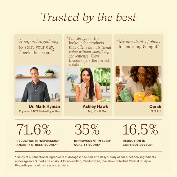 A beige promotional infographic with the headline 'Trusted by the best' and three customer review panels featuring Dr. Mark Hyman, Ashley Hawk, and Oprah.