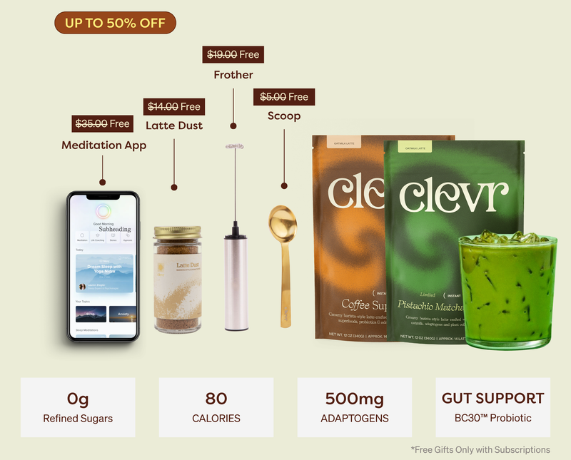 Promotional graphic for Clevr coffee products showing a smartphone app, a jar of powder, a frother, a gold scoop, two Clevr coffee bags, and a green matcha drink on a pale beige background with discount text and feature callouts.