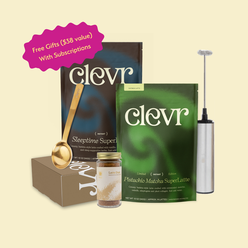 Clevr product packaging with a spoon, jar, and air pump on a beige background