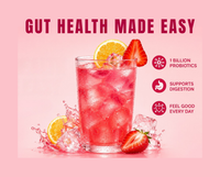 Gut Health Made Easy, 1 billion probiotics, supports digestion, feel good every day, glass of strawberry lemonade supertea featured