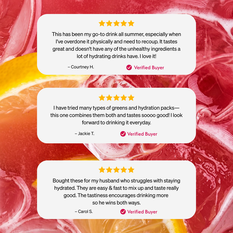 Three white review cards with star ratings and verified buyer badges overlaid on a close-up background of red and orange citrus slices.