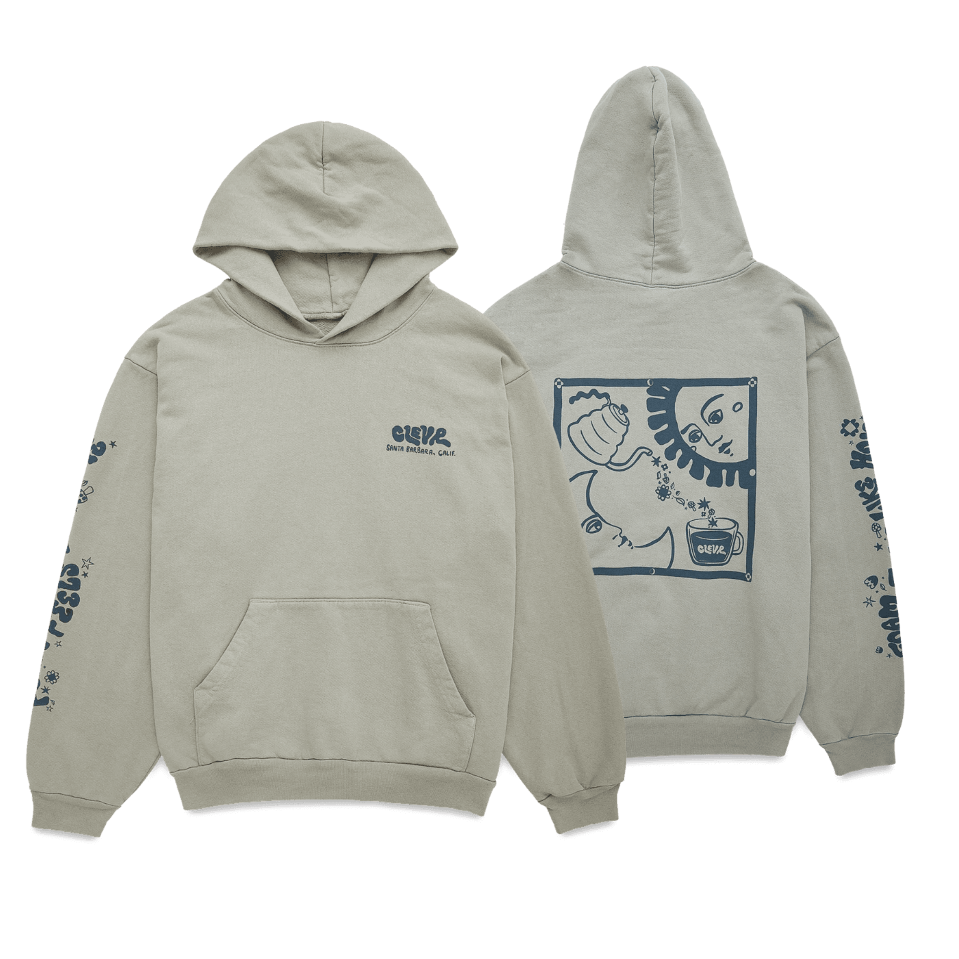 Clevr green/gray hoodie with blue graphics on it