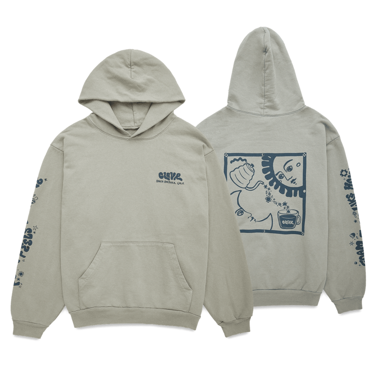Clevr green/gray hoodie with blue graphics on it