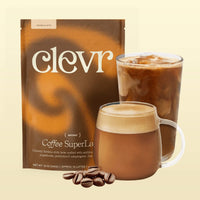 Clevr Coffee SuperLatte bag with two cups of the drink iced and hot and coffee beans
