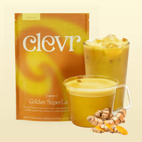 Clevr Golden SuperLatte bag with glasses of the drink iced and hot and turmeric roots