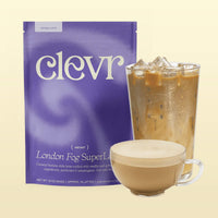 Clevr London Fog SuperLatte bag with a glasses of iced and hot London Fog